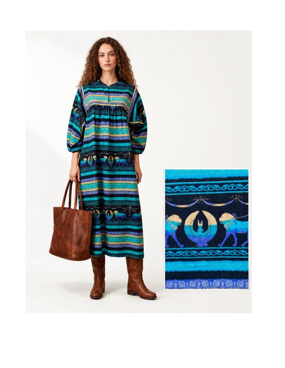70s 80s Krist Gudnason California Egypt Print MuuMuu Maxi Dress | Blue Gold